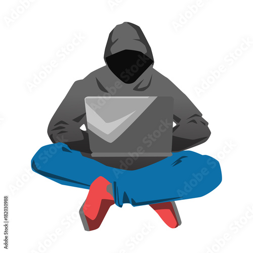 Hacker is using computer to attack vector illustration on white background photo