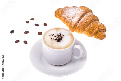 Fototapeta Naklejka Na Ścianę i Meble -  Fresh croissant and cappuccino on white background