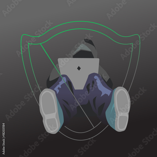 Hacker is using computer to attack vector illustration