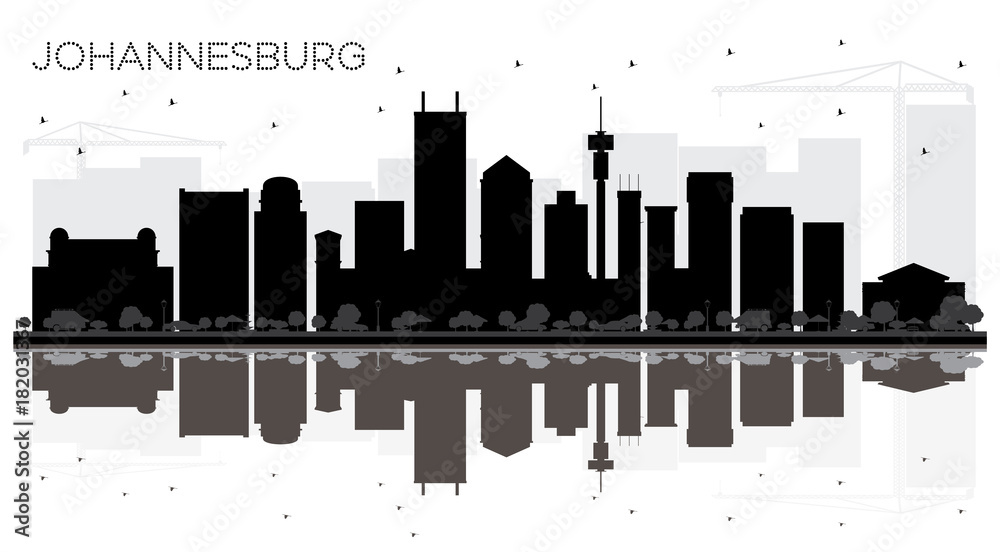 Johannesburg South Africa City skyline black and white silhouette with Reflections.