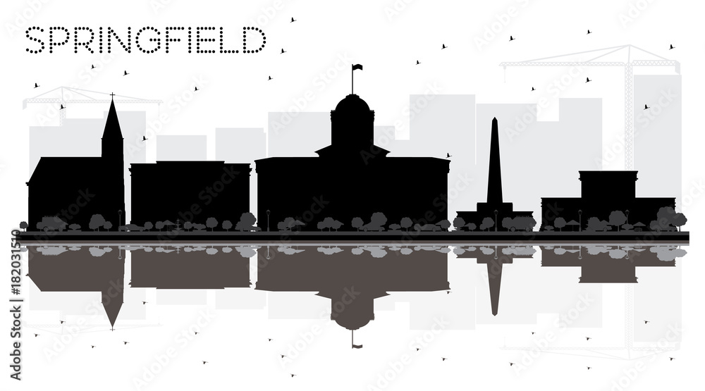 Obraz premium Springfield Illinois City skyline black and white silhouette with Reflections.