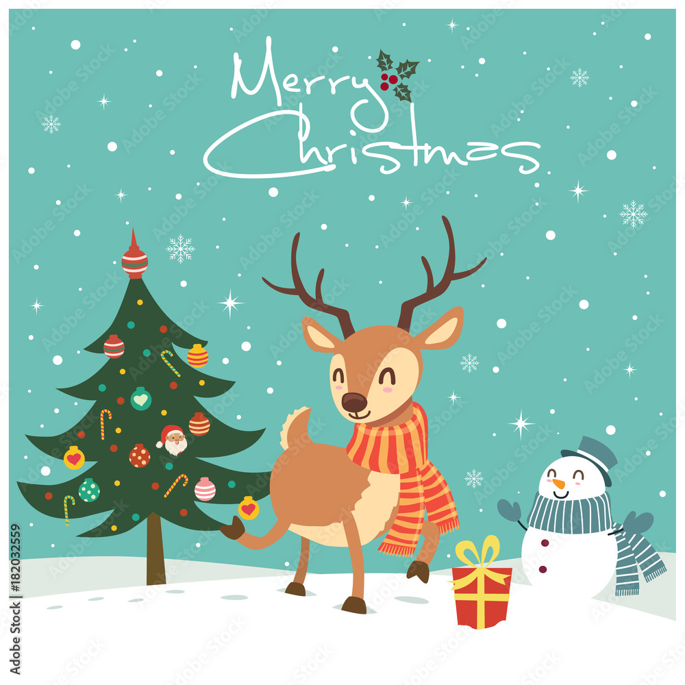 Fototapeta premium Vintage Christmas poster design with vector reindeer, snowman, Santa Claus, penguin, elf characters.