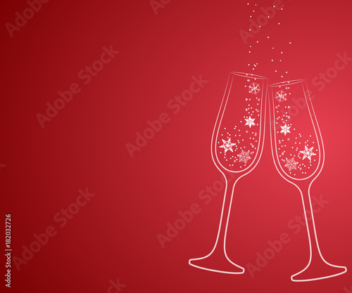 Greeting card Christmas, line drawing of two glasses of champagne