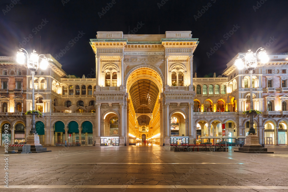 One of the world's oldest shopping malls Galleria Vittorio Emanuele II at night in Milan, Lombardia, Italy