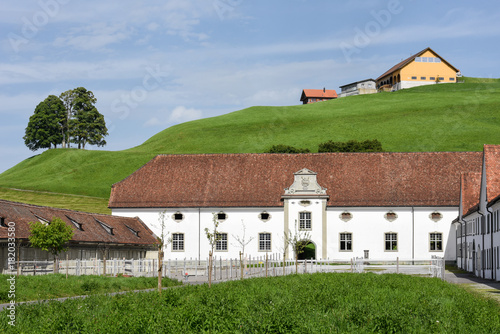 Einsiedeln abbey in front of farmland