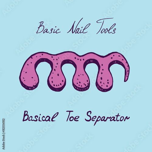 Basic nail tools, pink toe separator, hand drawn doodle sketch with inscription, isolated vector illustration