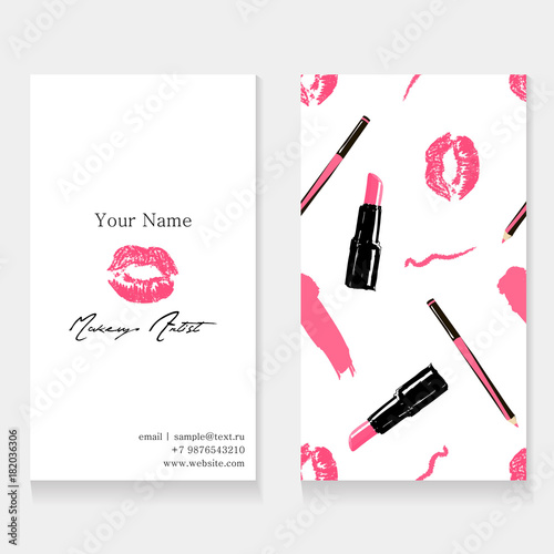 Makeup artist business card template. Cosmetics seamless pattern background: pink imprint of lips kissing, lipstick, lip liner and trace from pencil. Cosmetics banner set. Vector beauty illustration