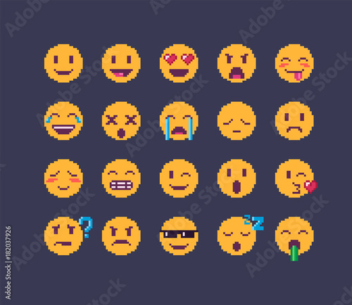 Pixel art emoji icon set.
