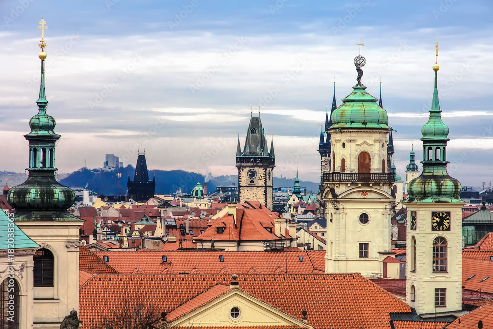 Beautiful and old Prague with red bricks roofs over the entire city, Czech Republic