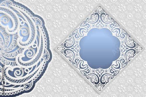 Template of wedding greetings or invitations. 3D mandala, square frame with lace edges, surface with a relief pattern. Floral background on the bottom. Place for the inscription in the frame. Vector.