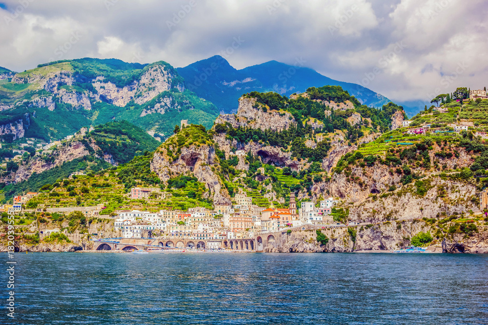 View from the sea on the beautiful architecture of the city of Amolphi, Italy