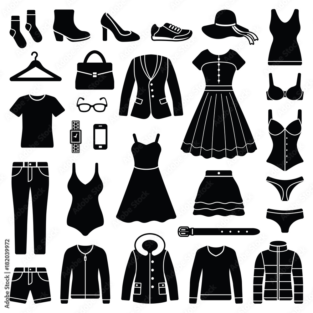 Woman clothes and accessories collection - fashion wardrobe - vector icon  silhouette illustration Stock Vector