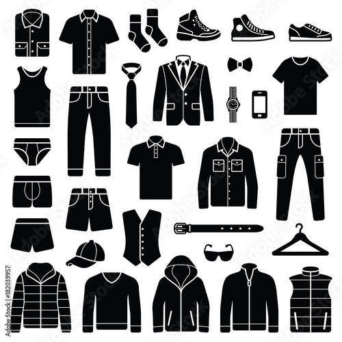 Man clothes and accessories collection - fashion wardrobe - vector icon silhouette illustration