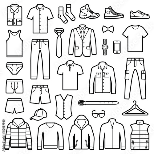 Man clothes and accessories collection - fashion wardrobe - vector icon outline illustration