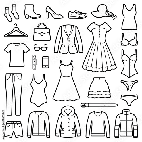 Woman clothes and accessories collection - fashion wardrobe - vector icon outline illustration