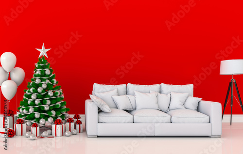 Christmas interior modern living room with a christmas tree. 3d rendering