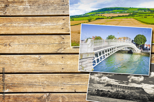 Photography Irish landscapes - postards concept on colored wooden background