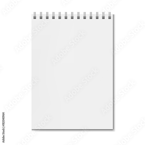 Realistic square spiral notebook mockup, sketchbook on spiral binder blank cover. Clear notepad front page or clean page with shadow template