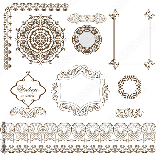 Set of vintage frames and luxury borders. Floral elements for design. Vector illustration.