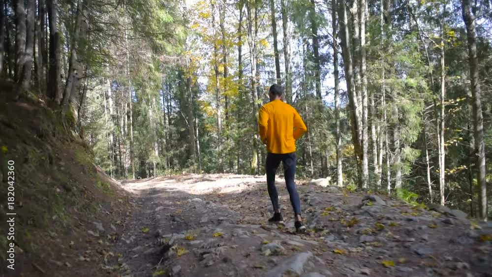 man running in mountain forest. Trail running man running in mountain forest. Trail running