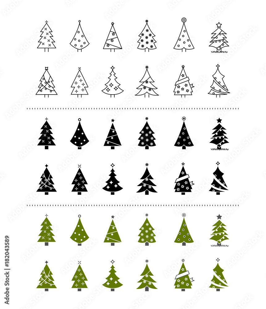 Christmas trees icon set on white background. thin line green and black ...