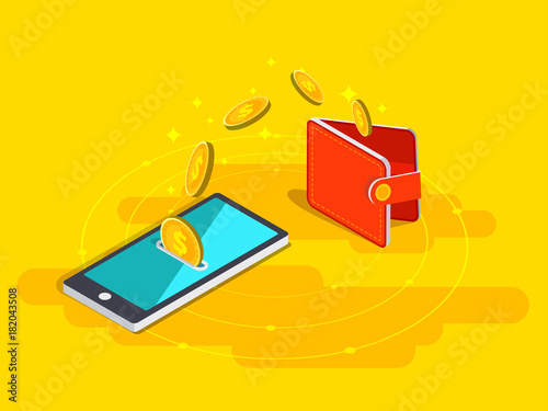 Money transfer from wallet into cellphone in isometric vector design. Digital payment or online cashback service. Mobile banking transaction cocnept. Withdraw money with smartphone.