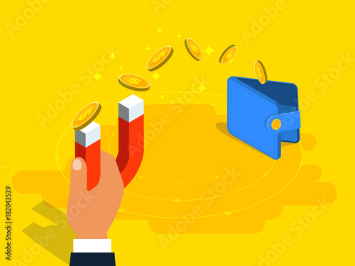 Money transfer from wallet to magnet in isometric vector design. Accumulation, earning or making money. Financial savings or economy concept.