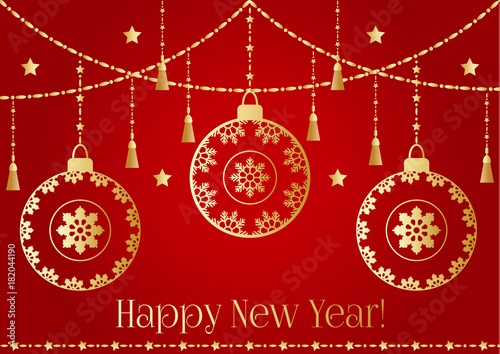 A New year background with golden christmas balls, tassel, star light and a garland. Happy new year text.