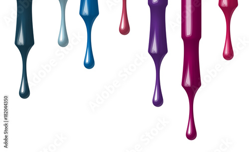 Set of multicolored nail polish flowing from the brush. Brush for nail polish bottle. Isolated on white background. Female finger with manicure. Vector illustration stylized for a realistic image