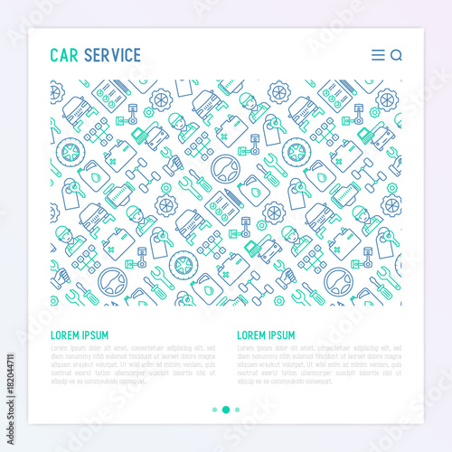 Car service concept with thin line icons of mechanic, computer diagnostics, tools, wheel, battery, transmission, jack. Modern vector illustration for banner, web page, print media.