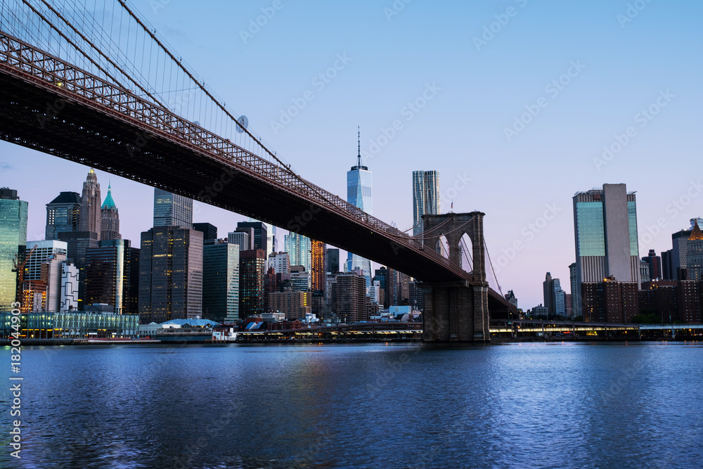 View of Manhattan bridge and Manhattan in New York, USA in the morning