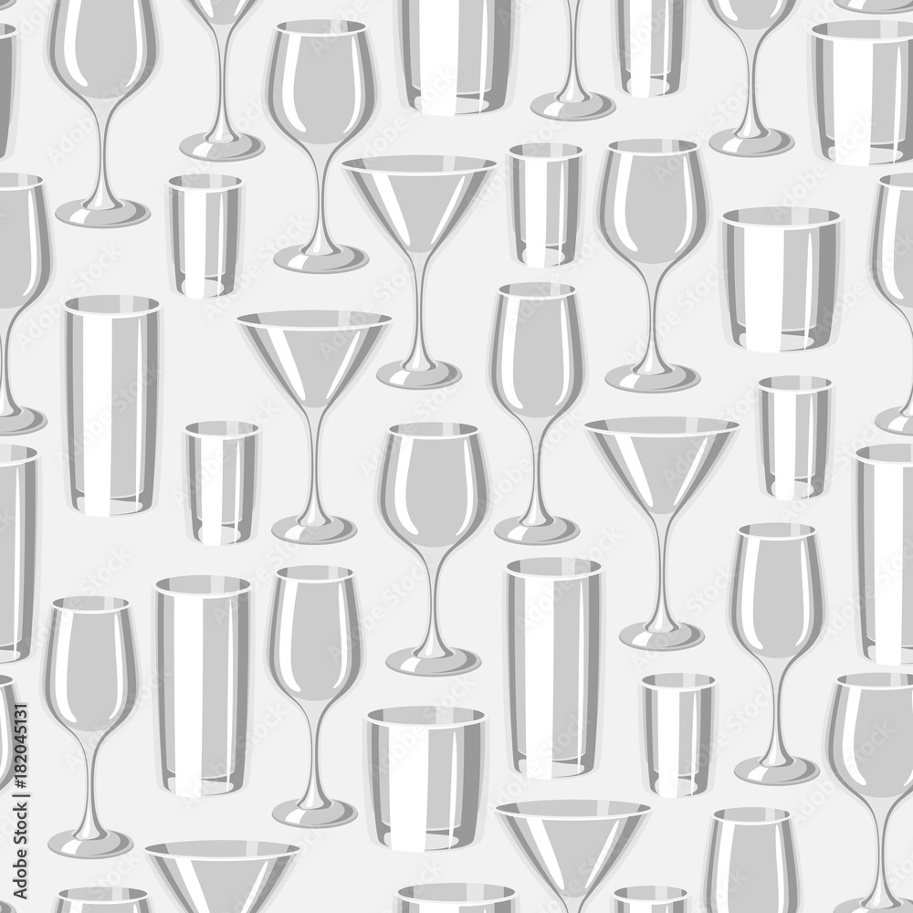 Types of bar glasses. Seamless pattern with alcohol glassware