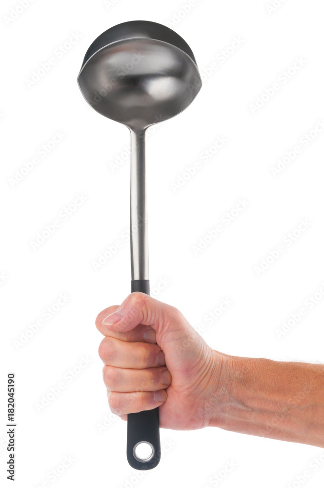 Hand holding metal ladle on white background Hand holding metal ladle on white background