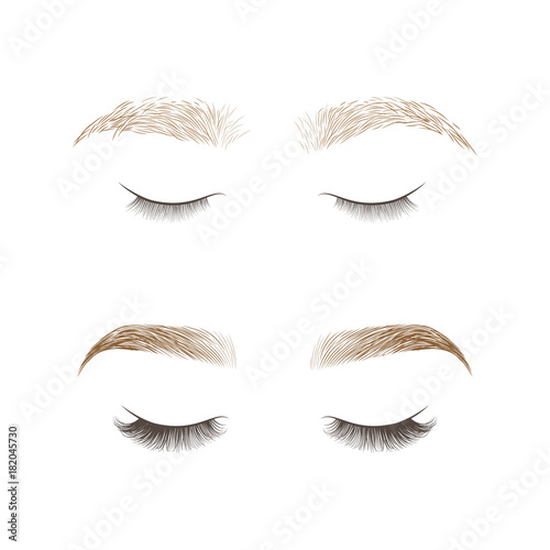 Eyebrows desing and eyelashes extension. Set of well-groomed and shaggy eyebrows. Before and after the care. Closed eyes with long eyelashes. Vector illustration