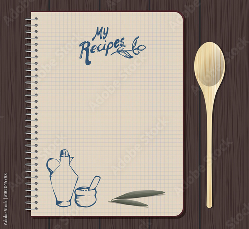 Recipe notebook graph with hand drawn text, oilcan and mortar. Olive leaves. Spoon fork. Wooden background.