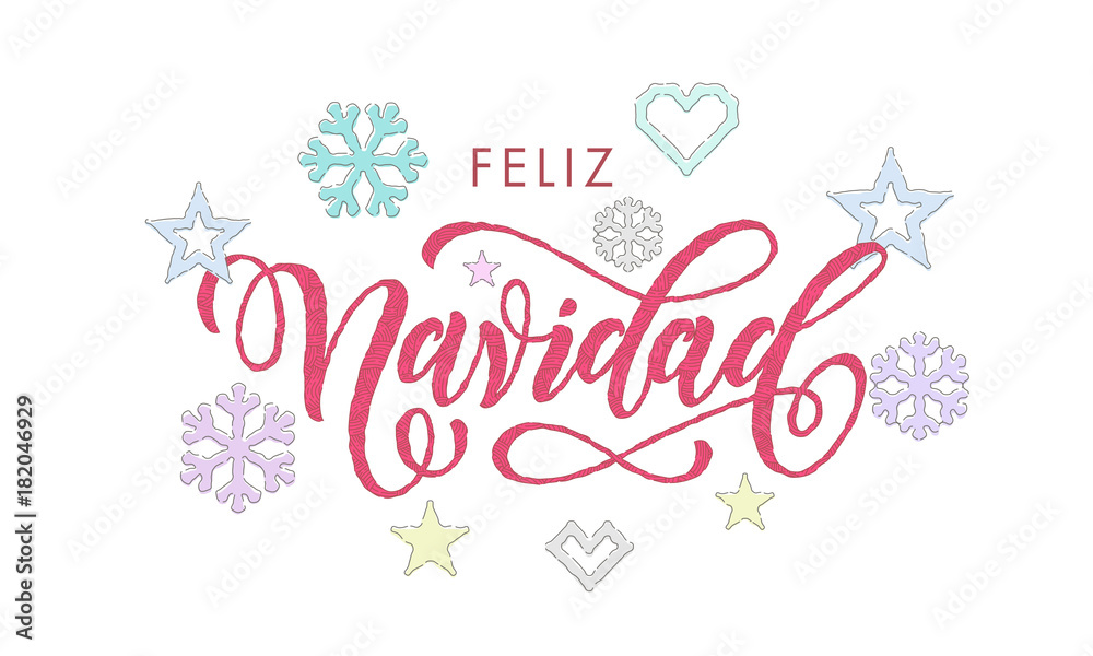 Feliz Navidad Spanish Merry Christmas calligraphy font embroidery decoration for holiday greeting card design. Vector Christmas deer, snowflake New Year decoration knitted pattern on white background