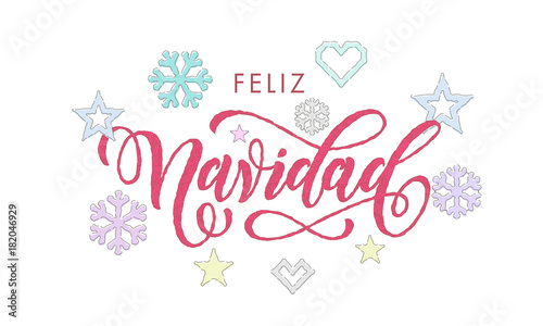 Feliz Navidad Spanish Merry Christmas calligraphy font embroidery decoration for holiday greeting card design. Vector Christmas deer  snowflake New Year decoration knitted pattern on white background