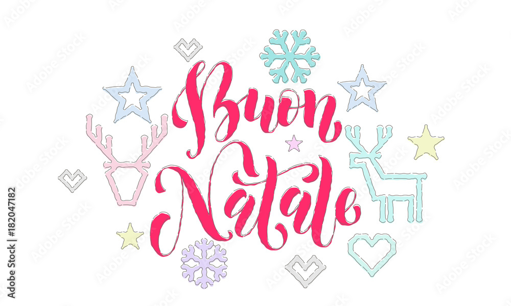 Buon Natale Italian Merry Christmas embroidery font and decoration for holiday greeting card design. Vector Christmas knitted calligraphy text, New Year deer or snowflake decoration white background