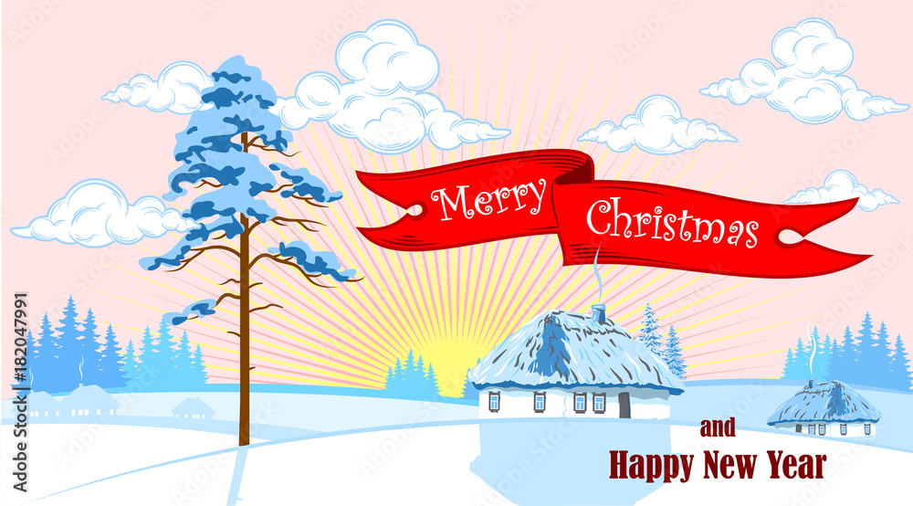Rustic winter landscape and a banner with the wishes of a Merry Christmas
