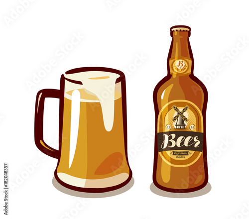 Mug of craft beer with foam, bottle ale or lager. Bar, pub, alcoholic beverages, drinks concept. Vector illustration