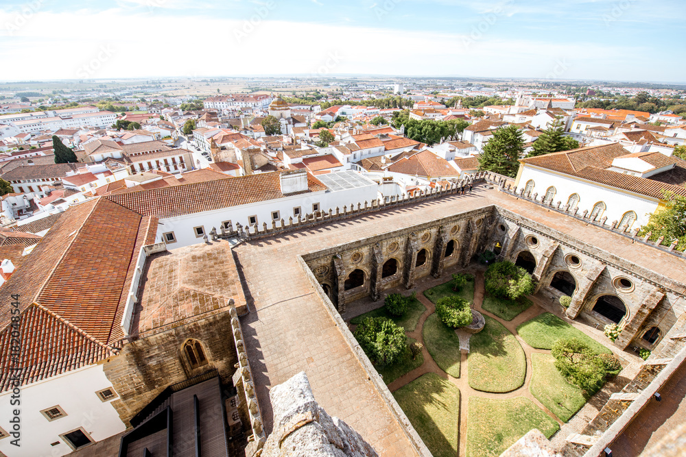 Top cityscape view on the old town with courtyard of the main cathedral in Evora town in Portugal