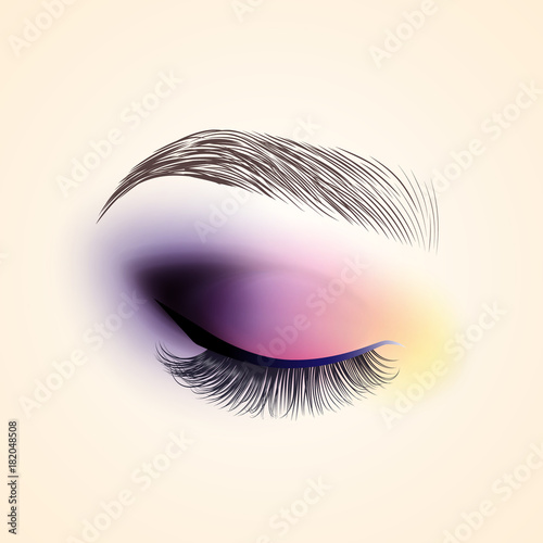 Eye makeup. Closed eye with long eyelashes. Vector illustration.