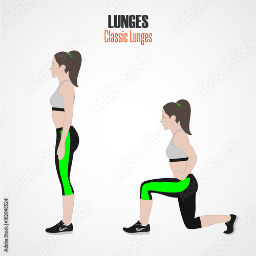 Sport exercises. Exercises with free weight. Classic Lunges. Illustration of an active lifestyle. Exercise for beautiful thighs and buttocks. Vector.