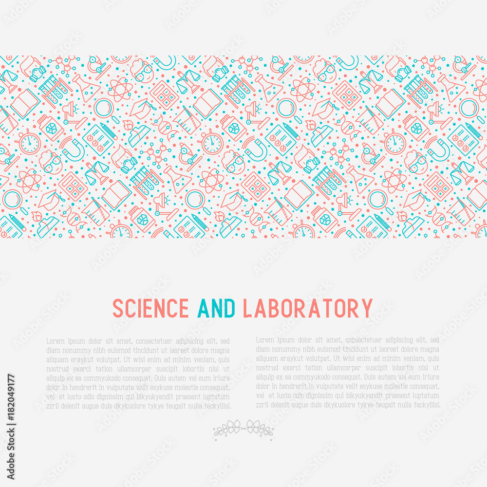 Science and laboratory concept with thin line icons of scientist, dna, microscope, scales, magnet, respirator, spirit lamp. Vector illustration for banner, web page, print media.