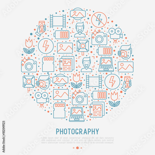 Photography concept in circle with thin line icons of photographer, film, crop, flash, focus, light, panorama. Vector illustration for banner, web page, print media.