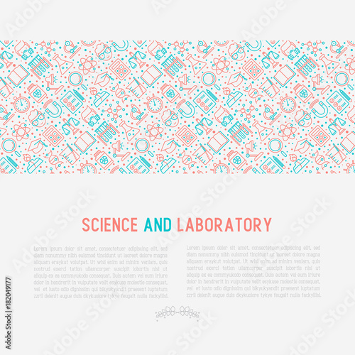 Science and laboratory concept with thin line icons of scientist, dna, microscope, scales, magnet, respirator, spirit lamp. Vector illustration for banner, web page, print media.