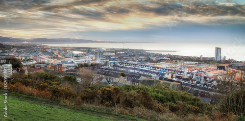 Editorial Swansea, UK - November 24, 2017: Daybreak over Swansea city, the second largest city in Wales after Cardiff, UK, showing the East Side and the new University campus.
