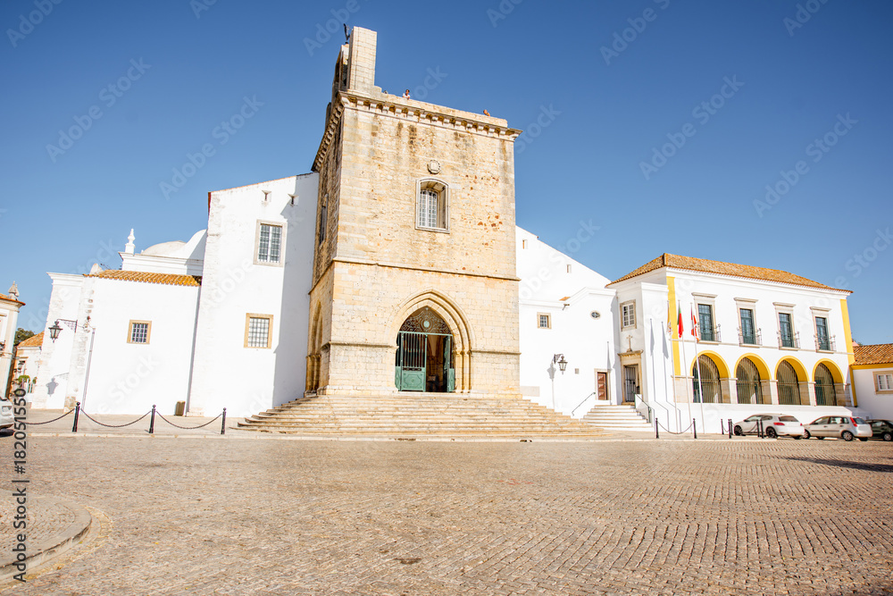 View on the central cathedral in Faro old town on the south of Portugal
