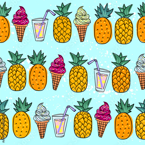 seamless summer pattern with bright orange pineapple and icecream and jucie on a different background For teenagers photo
