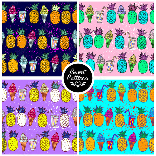 Set of seamless summer pattern with bright orange pineapple and icecream and jucie on a different background For teenagers